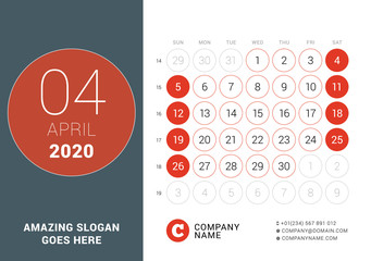 April 2020. Desk calendar. Design print template with place for photo. Week starts on Sunday. Vector illustration