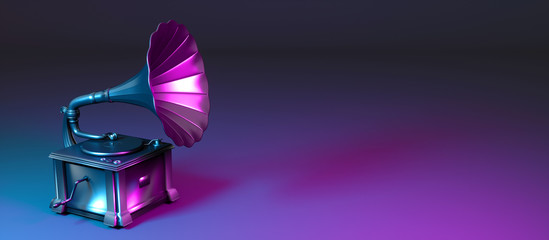 metal gramophone in neon light