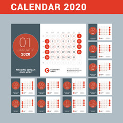 Desk calendar for 2020 year. Design print template. Set of 12 months. Week starts on Sunday. Vector illustration