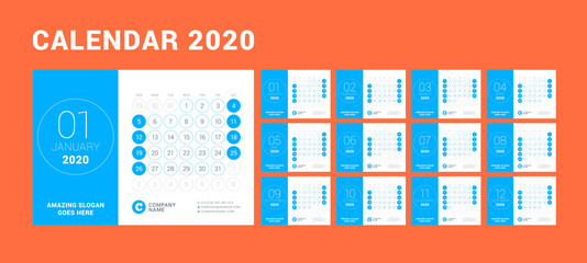 Desk calendar for 2020 year. Design print template with place for photo. Week starts on Sunday. Vector illustration