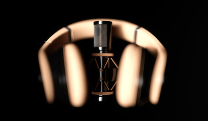 Fototapeta na wymiar black microphone on a black background close-up with headphones