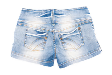 Blue female jeans shorts isolated on white background. Top view.
