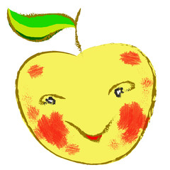 Smiling apple. Yellow fruit with red spots and a rough golden outline, a stalk with a green leaf, eyes, a smiling mouth. Isolated element on a white background.