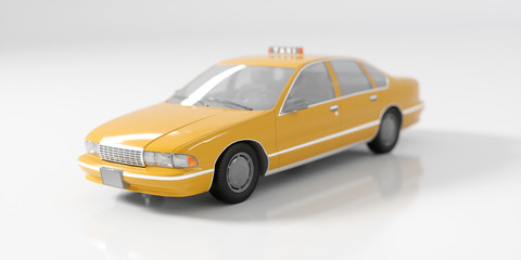 yellow taxi car on a white background close-up