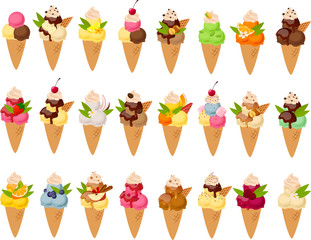 Vector illustration of various kinds of ice creams in sugar cones and colorful garnish
