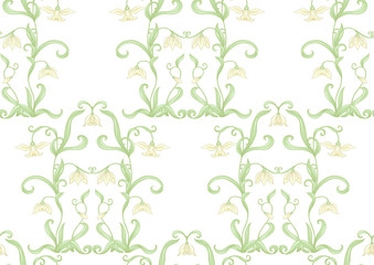 Galanthus, snowdrop, nivalis. Seamless pattern, background. Colored vector illustration. In art nouveau style, vintage, old retro style Isolated on white background