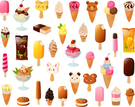 Vector illustration of various kinds of cute frozen ice cream dessert treats