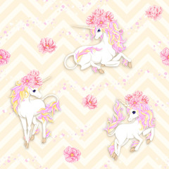 Obraz na płótnie Canvas Seamless pattern, background with unicorn and fantsatic flowers and glitter. Vector illustration. On light yellow zigzag background