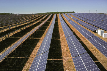 Aerial view of a solar farm. Multiple rows of solar panels in a line.