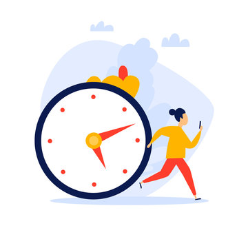 Deadline, the girl is running. Flat style vector illustration.