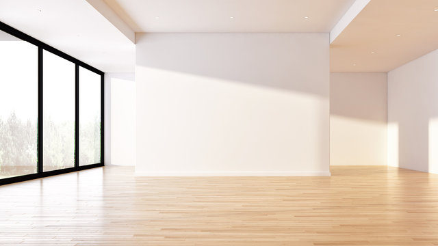 Idea of a white empty scandinavian room interior illustration 3D rendering with wooden floor and large wall and white. Background interior. Home nordic
