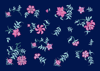 Fototapeta premium Set af tthnic patterns element in kalamkari style, fantasy floral pattern. Colored vector illustration.