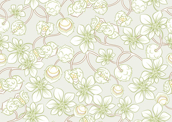 Hazelnut. Decorative motif. Seamless pattern, background. Colored vector illustration In art nouveau style, vintage, old retro style. On soft green background