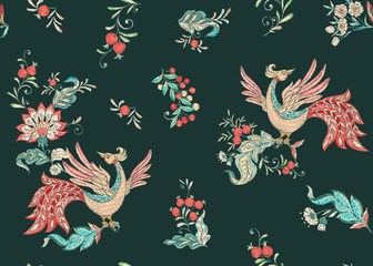 Obraz premium Fantasy floral seamless pattern with bird in jacobean embroidery imitation, vintage, old, retro style. Vector illustration in soft coral and turquoise colors.