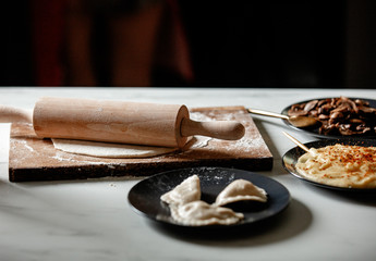 Plate with polish dumplings and ingridients