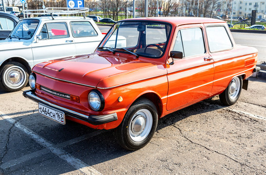 Vintage Soviet automobile ZAZ-968M parked up at the city street
