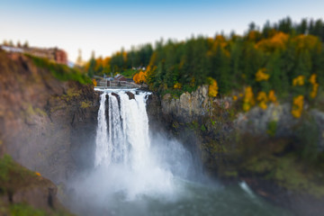 An artistically blurred image of Snoqualmie Falls located in the town of Snoqualmie, Washington.