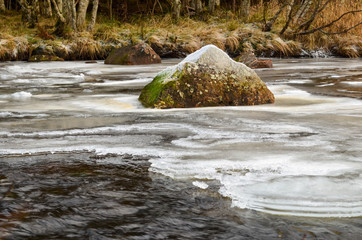 Rock in frozen river