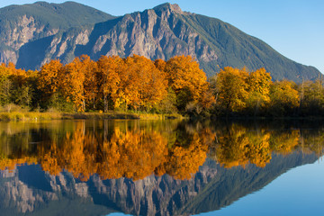 The calm, still waters of a large pond near Snoqualmie, Washington, reflect the beautiful fall...