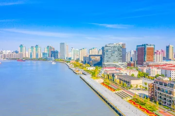 Photo sur Plexiglas Pont de Nanpu Panoramic aerial photographs of the city on the banks of the Huangpu River in Shanghai, China