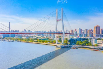 Papier peint photo autocollant rond Pont de Nanpu Panoramic aerial photographs of the city on the banks of the Huangpu River in Shanghai, China
