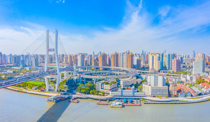 Panoramic aerial photographs of the city on the banks of the Huangpu River in Shanghai, China