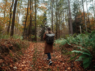 Obraz premium girl with a backpack in the autumn forest