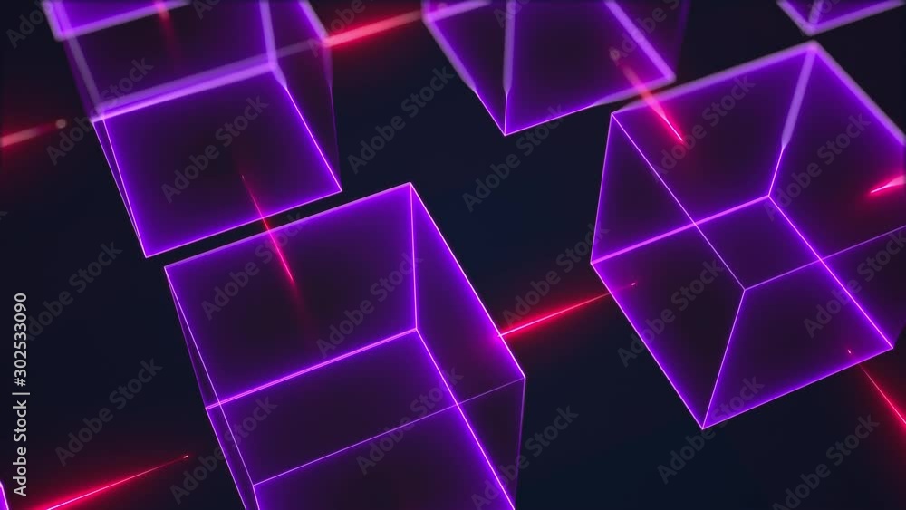 Poster connection structure of many neon cubes. computer generated abstract isometric background, 3d render