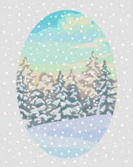  New year card with winter landscape. Artistic winter snowy landscape with fir trees in pastel colors.