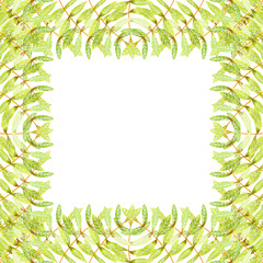 Ornamental watercolor frame template with green rowan leaves for greeting cards, posters, invitations