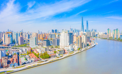 Fototapeta na wymiar Panoramic aerial photographs of the city on the banks of the Huangpu River in Shanghai, China