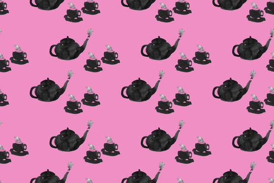 Hand-drawn seamless pattern: ink black teapots and cups with steam on a pink background