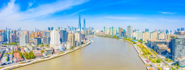Tableaux sur verre Pont de Nanpu Panoramic aerial photographs of the city on the banks of the Huangpu River in Shanghai, China