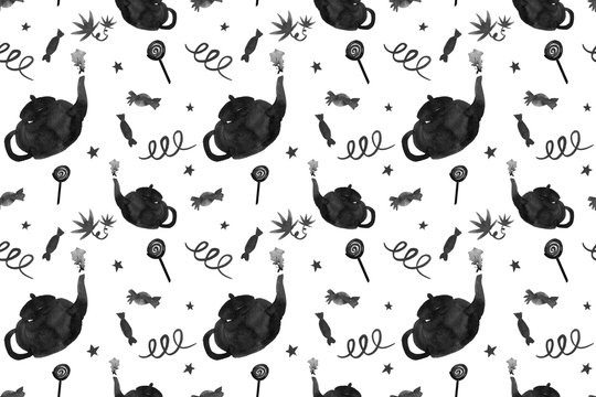 Seamless black and white hand-drawn pattern: ink teapots, sweets and decorative elements on a white background