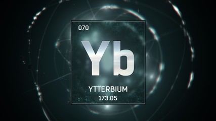 3D illustration of Ytterbium as Element 70 of the Periodic Table. Green illuminated atom design background with orbiting electrons. Design shows name, atomic weight and element number