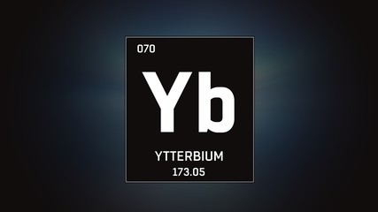 3D illustration of Ytterbium as Element 70 of the Periodic Table. Grey illuminated atom design background with orbiting electrons. Design shows name, atomic weight and element number