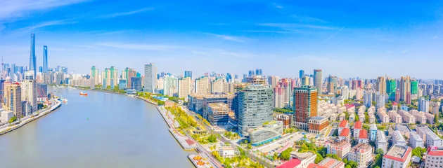 Runde Acrylglas Antireflex-Bilder Nanpu-Brücke Panoramic aerial photographs of the city on the banks of the Huangpu River in Shanghai, China