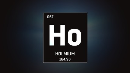 3D illustration of Holmium as Element 67 of the Periodic Table. Grey illuminated atom design background with orbiting electrons. Design shows name, atomic weight and element number