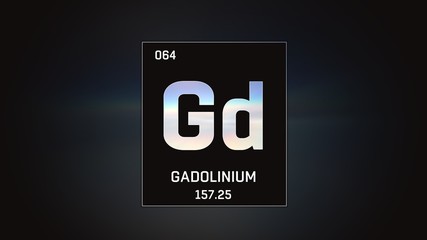 3D illustration of Gadolinium as Element 64 of the Periodic Table. Grey illuminated atom design background with orbiting electrons. Design shows name, atomic weight and element number