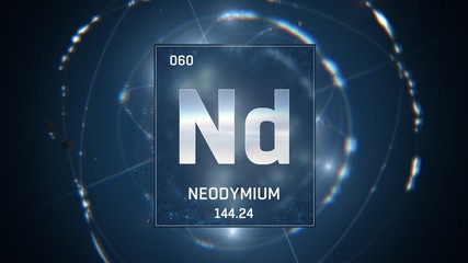 3D illustration of Neodymium as Element 60 of the Periodic Table. Blue illuminated atom design background with orbiting electrons. Design shows name, atomic weight and element number