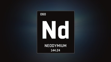 3D illustration of Neodymium as Element 60 of the Periodic Table. Grey illuminated atom design background with orbiting electrons. Design shows name, atomic weight and element number