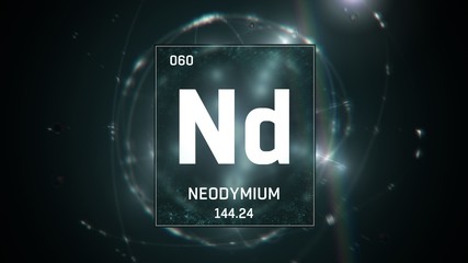 3D illustration of Neodymium as Element 60 of the Periodic Table. Green illuminated atom design background with orbiting electrons. Design shows name, atomic weight and element number