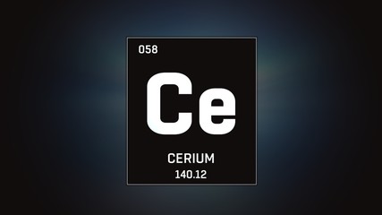 3D illustration of Cerium as Element 58 of the Periodic Table. Grey illuminated atom design background with orbiting electrons. Design shows name, atomic weight and element number