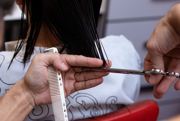 Hairdresser cutting hair and making a hairstyle to young brunette woman at the hairdresser salon. - Image