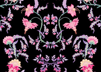 Fototapeta na wymiar Pattern elements with stylized ornamental flowers in retro, vintage style. Jacobean embroidery. Outline hand drawing vector illustration.