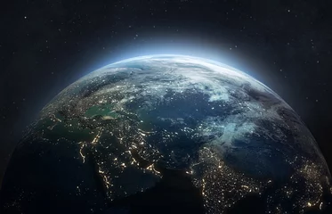 Papier Peint photo Autocollant Nasa Planète Terre nocturne dans l& 39 espace extra-atmosphérique sombre. Civilisation. Éléments de cette image fournis par la NASA