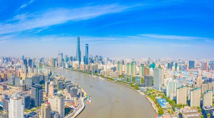 Naklejka na ściany i meble Panoramic aerial photographs of the city on the banks of the Huangpu River in Shanghai, China