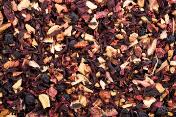 Dry fruits tea background, top view close up