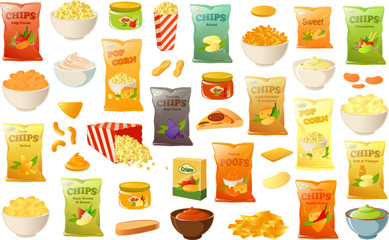Vector illustration of various unhealty snacks such as potato chips, pop corn and pizza