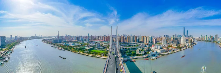 Tableaux ronds sur aluminium Pont de Nanpu Panoramic aerial photographs of the city on the banks of the Huangpu River in Shanghai, China